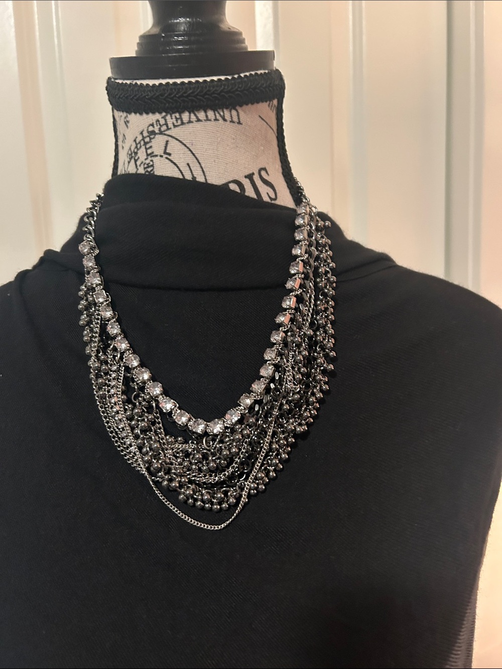 Multi-Row Gunmetal and Crystal Statement Necklace